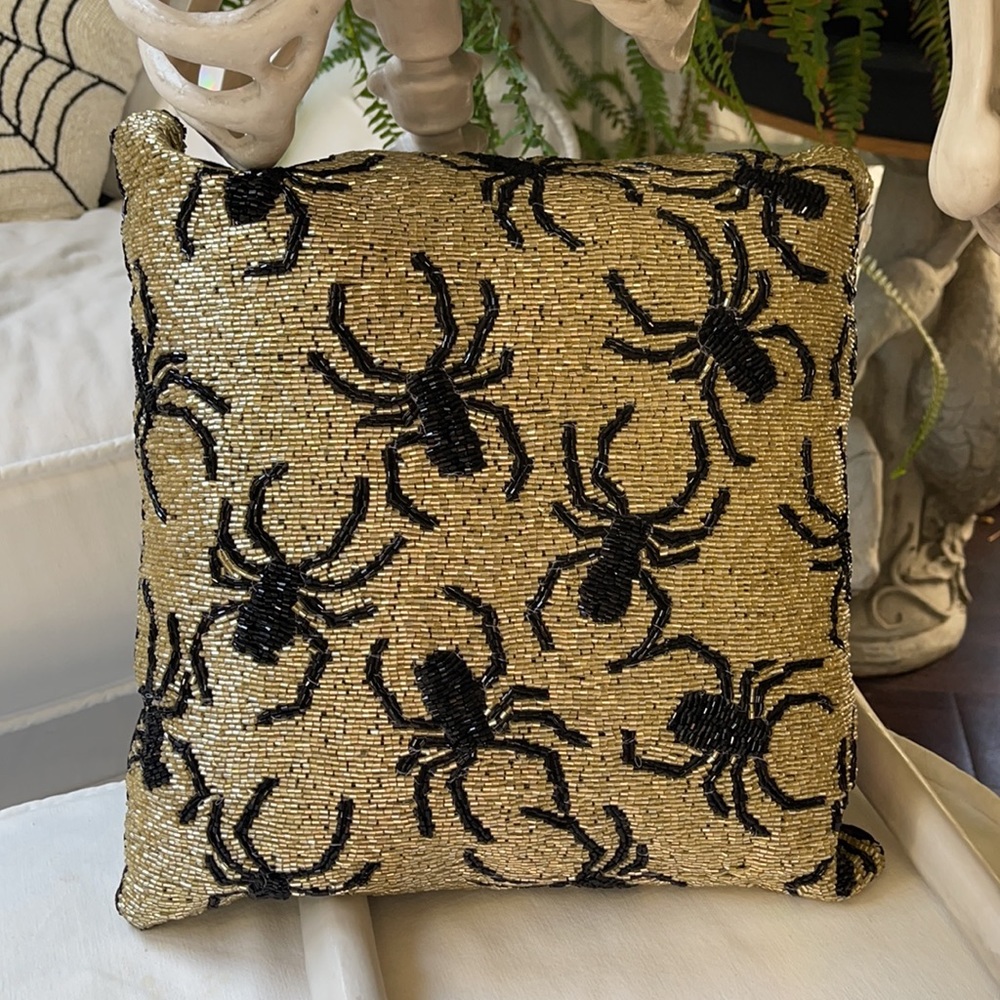 Beaded Spider Black Gold Beaded Sparkle Decorative Throw Pillow